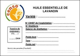 Modèle d’étiquette pour l’huile essentielle de lavandin Campagne 2010
